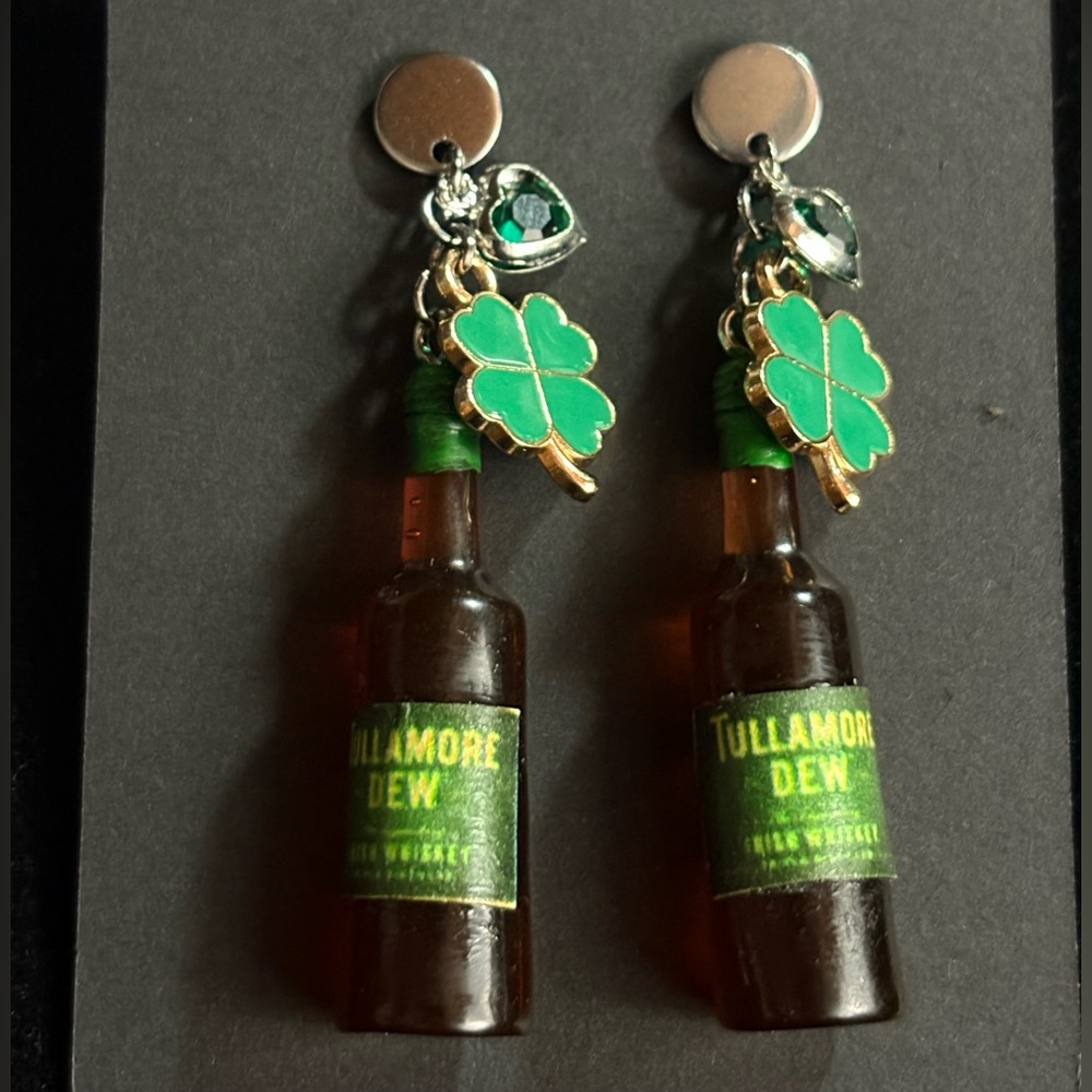 Tullamore Dew Irish whiskey miniature bottle dangle earrings with shamro…